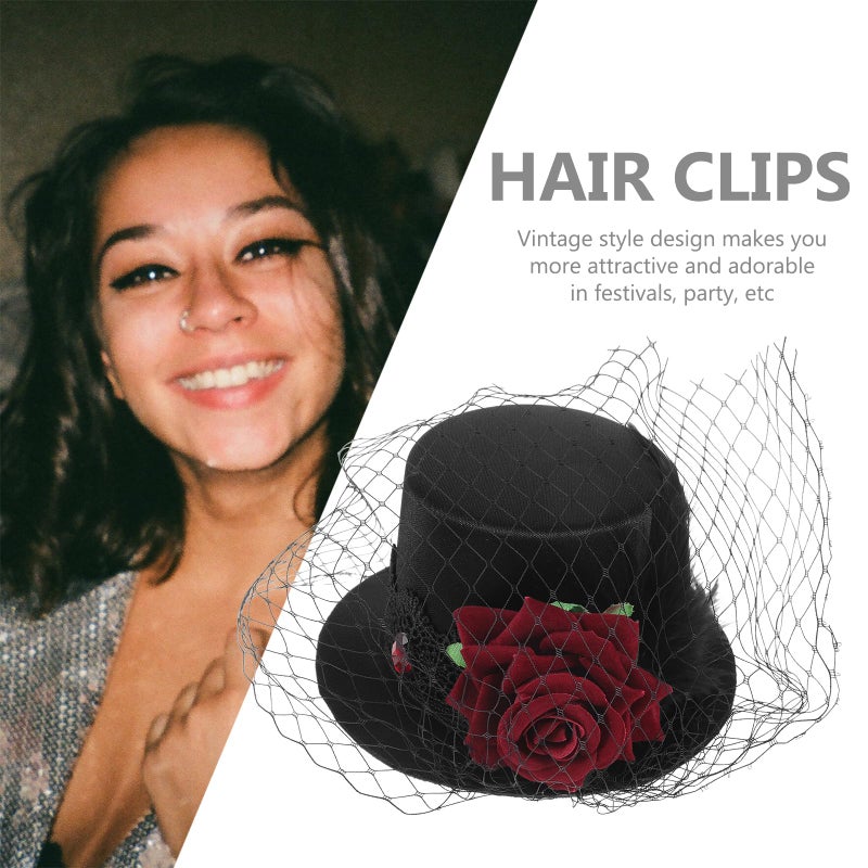 LEORX Small Top Hat Black Veil Hair Clip Flower Decor Top Hat Hair Accessories for Masquerade and Halloween - Image 4